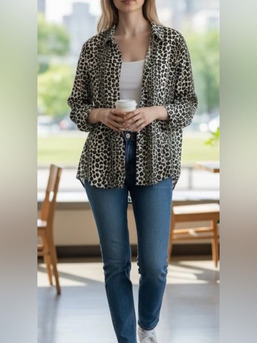Leopard Print Button-Down Shirt - Black & White Harmony and Vine size M
